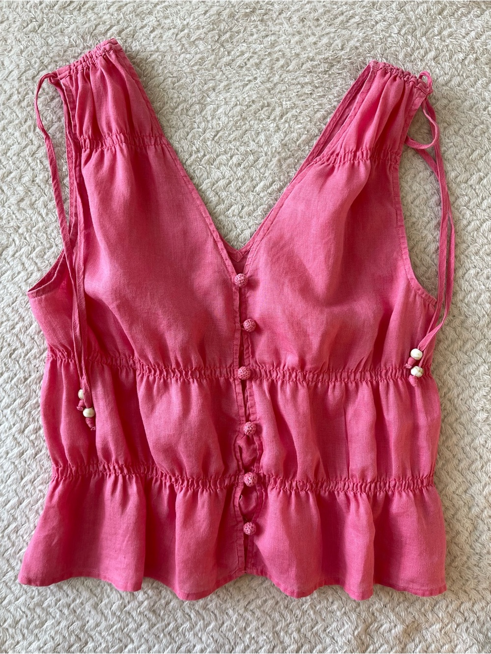 Cynthia Rowley Sleeveless Pink Button-Front V-Neck Peplum Linen Top size M.